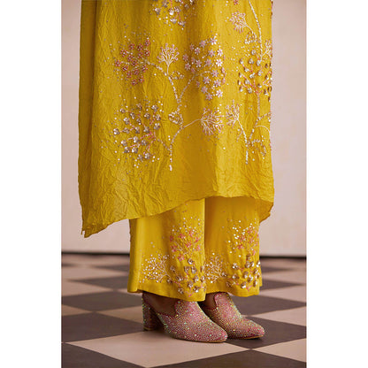 One Not Two Yellow Embroidered Silk Kurta with Slip and Palazzo (Set of 3)