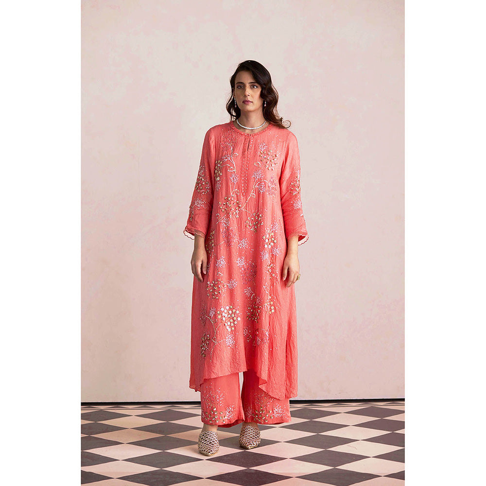 One Not Two Coral Embroidered Kurta with Slip and Palazzo (Set of 3)