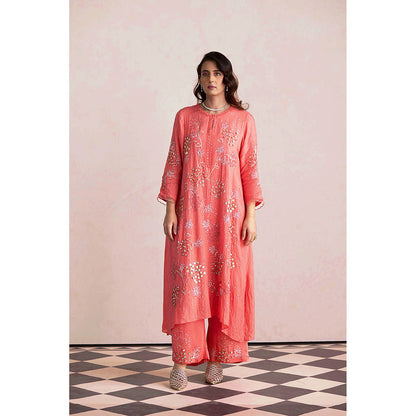 One Not Two Coral Embroidered Kurta with Slip and Palazzo (Set of 3)