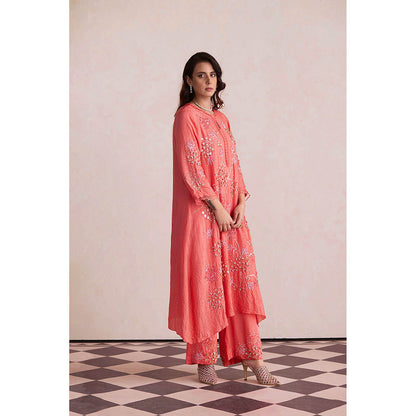 One Not Two Coral Embroidered Kurta with Slip and Palazzo (Set of 3)