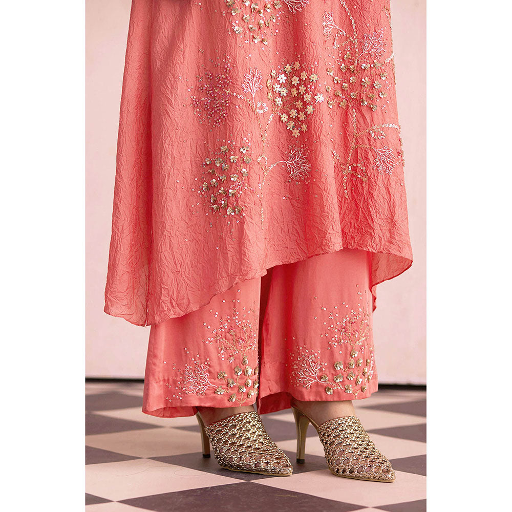 One Not Two Coral Embroidered Kurta with Slip and Palazzo (Set of 3)