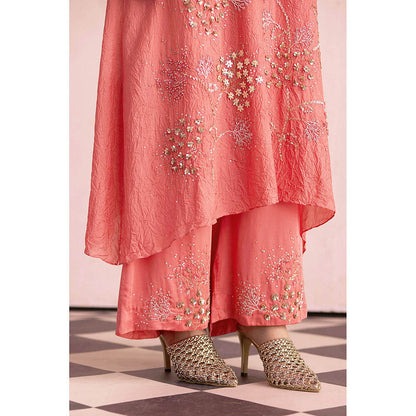 One Not Two Coral Embroidered Kurta with Slip and Palazzo (Set of 3)