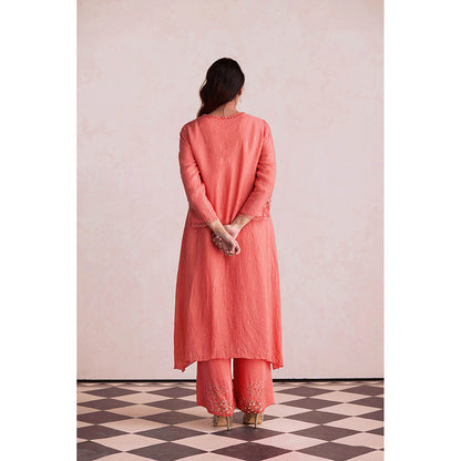One Not Two Coral Embroidered Kurta with Slip and Palazzo (Set of 3)
