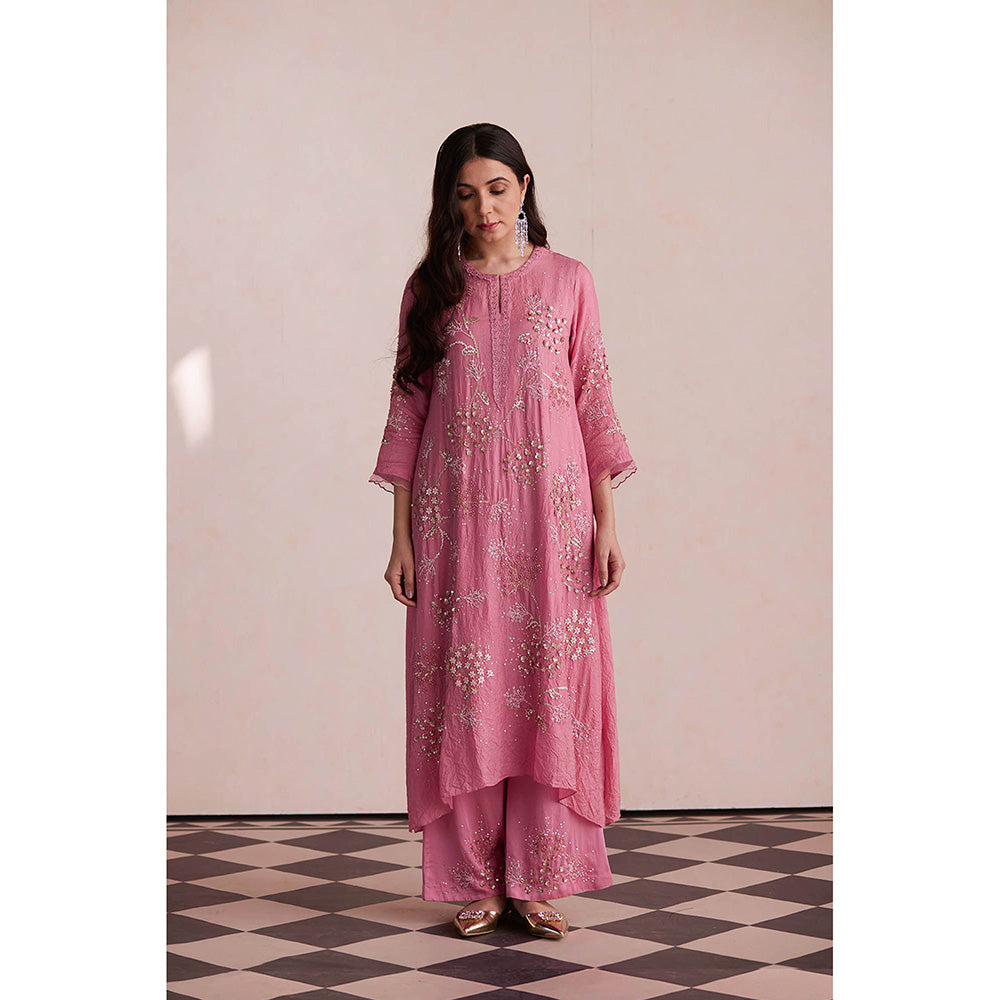 One Not Two Pink Embroidered Kurta with Slip and Palazzo (Set of 3)