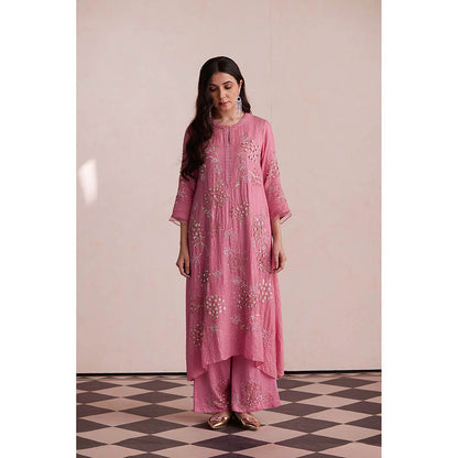 One Not Two Pink Embroidered Kurta with Slip and Palazzo (Set of 3)
