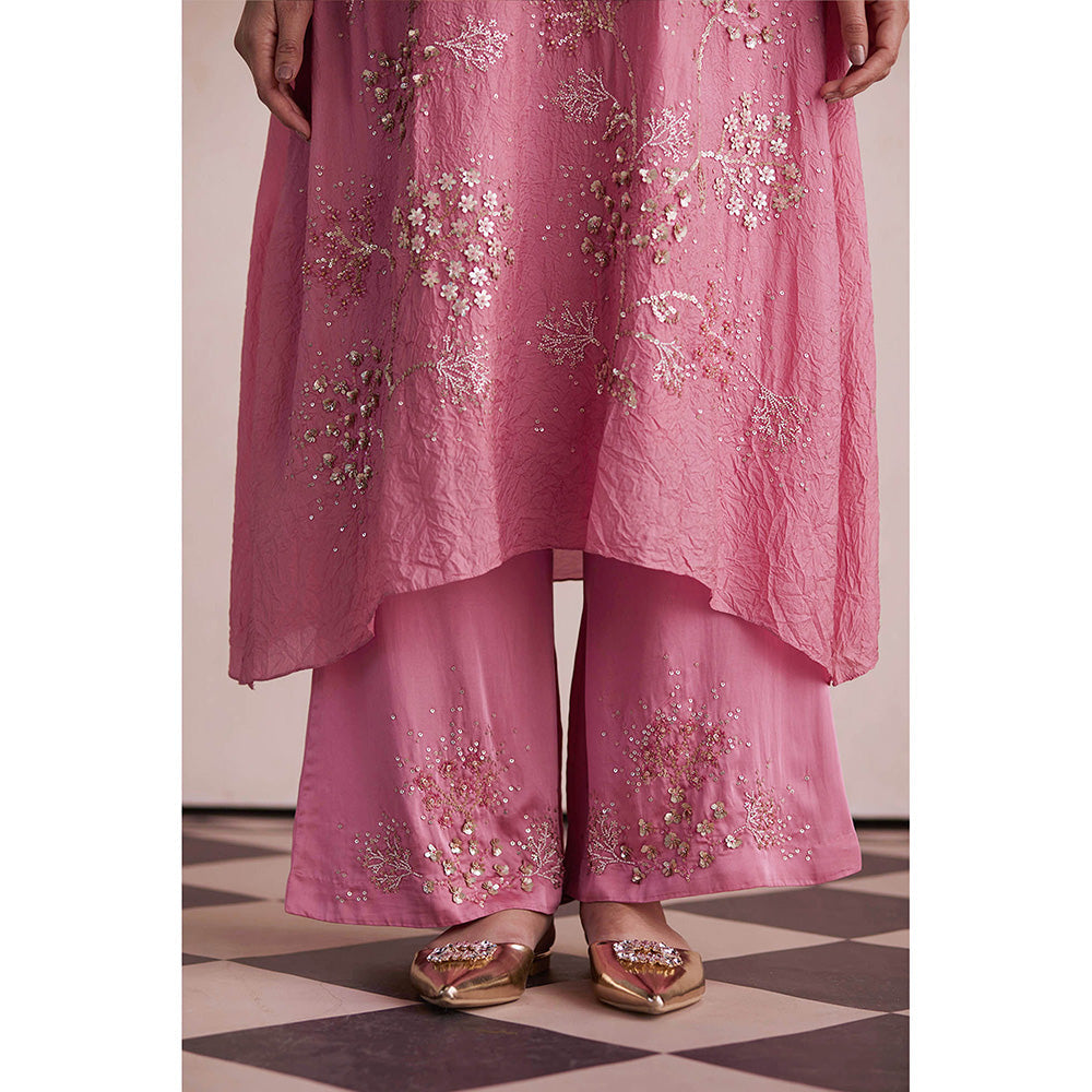 One Not Two Pink Embroidered Kurta with Slip and Palazzo (Set of 3)