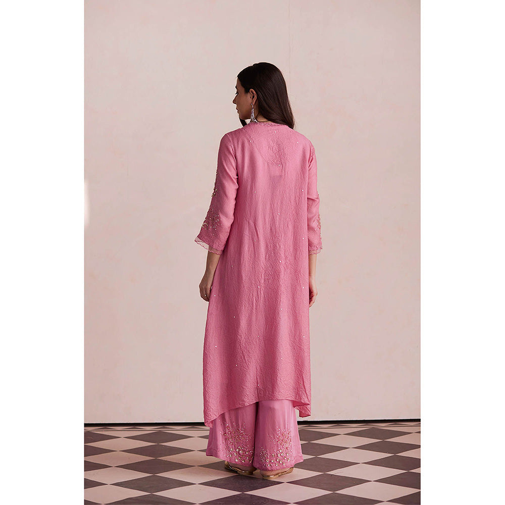 One Not Two Pink Embroidered Kurta with Slip and Palazzo (Set of 3)