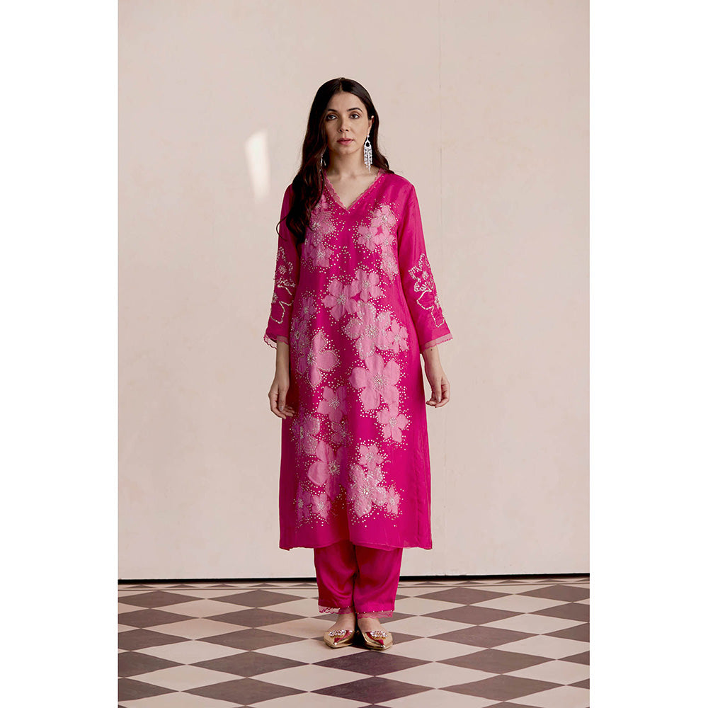One Not Two Hot Pink Kurta with Slip and Pant (Set of 3)