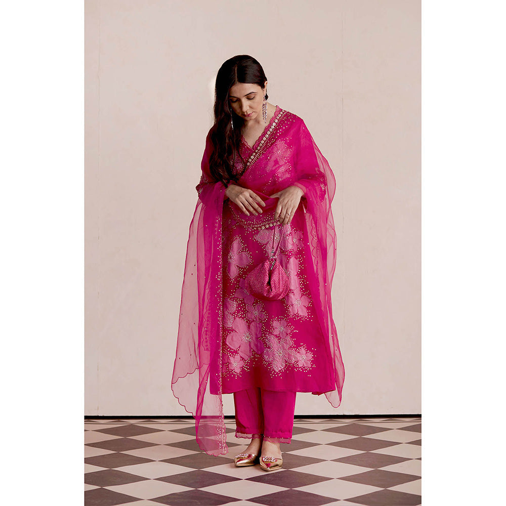 One Not Two Hot Pink Kurta with Slip and Pant (Set of 3)