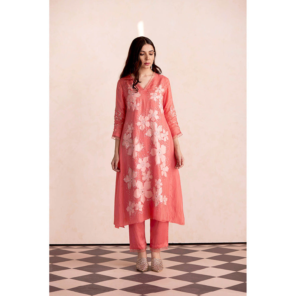 One Not Two Coral Kurta with Slip and Pant (Set of 3)
