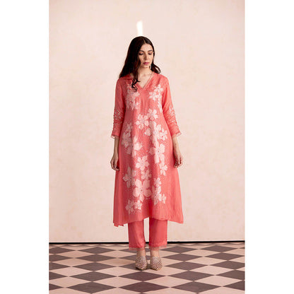 One Not Two Coral Kurta with Slip and Pant (Set of 3)