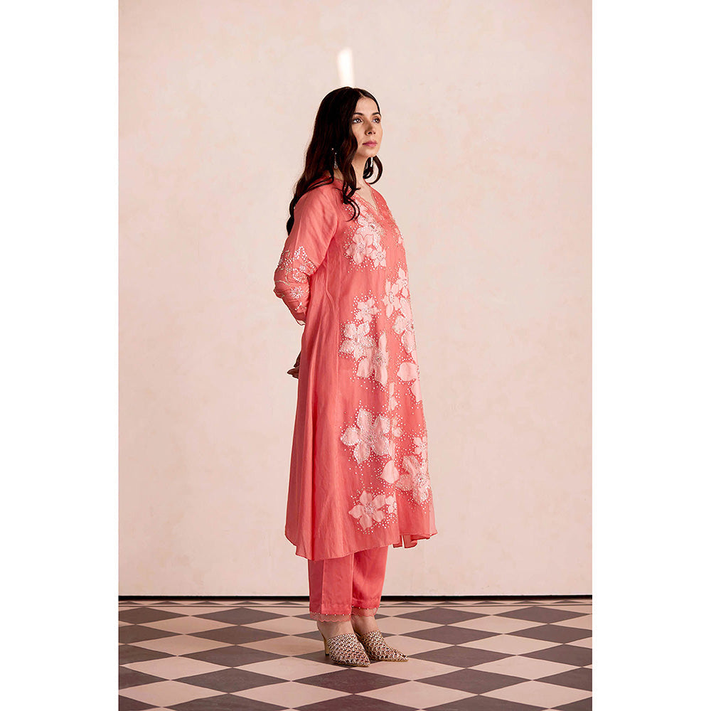 One Not Two Coral Kurta with Slip and Pant (Set of 3)