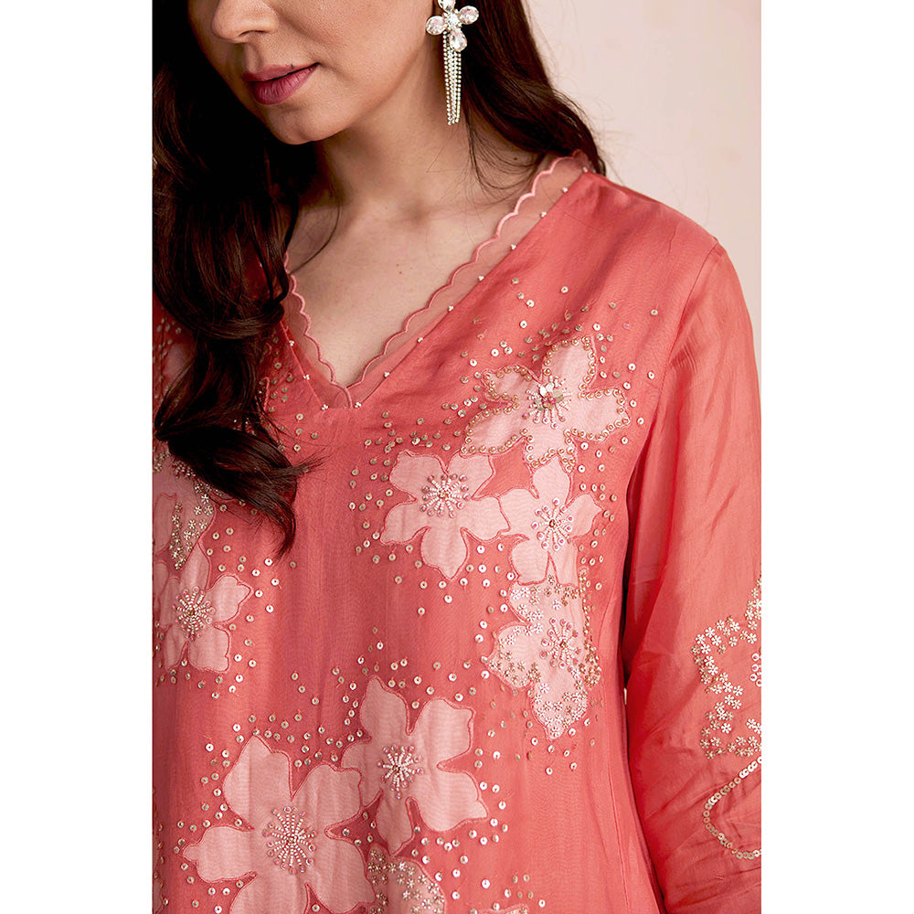 One Not Two Coral Kurta with Slip and Pant (Set of 3)