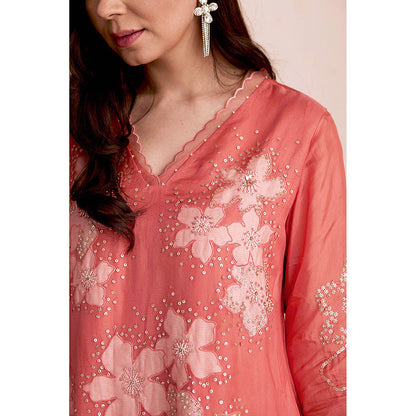 One Not Two Coral Kurta with Slip and Pant (Set of 3)