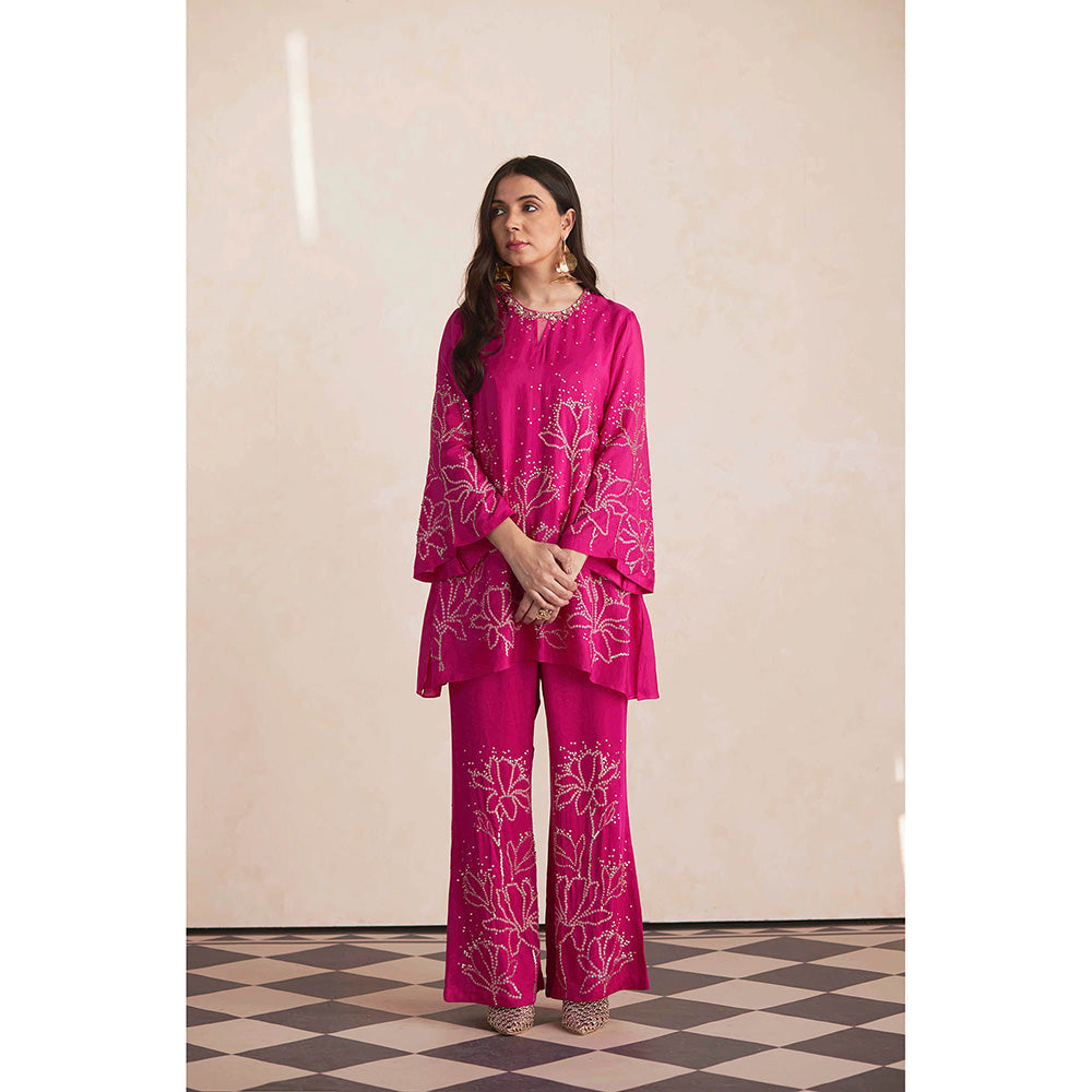 One Not Two Rose Pink Silk Kurti with Pant and Slip (Set of 3)