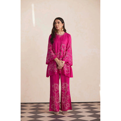 One Not Two Rose Pink Silk Kurti with Pant and Slip (Set of 3)
