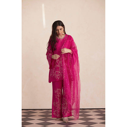 One Not Two Rose Pink Silk Kurti with Pant and Slip (Set of 3)