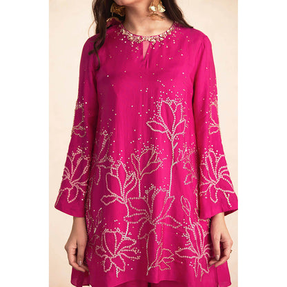 One Not Two Rose Pink Silk Kurti with Pant and Slip (Set of 3)
