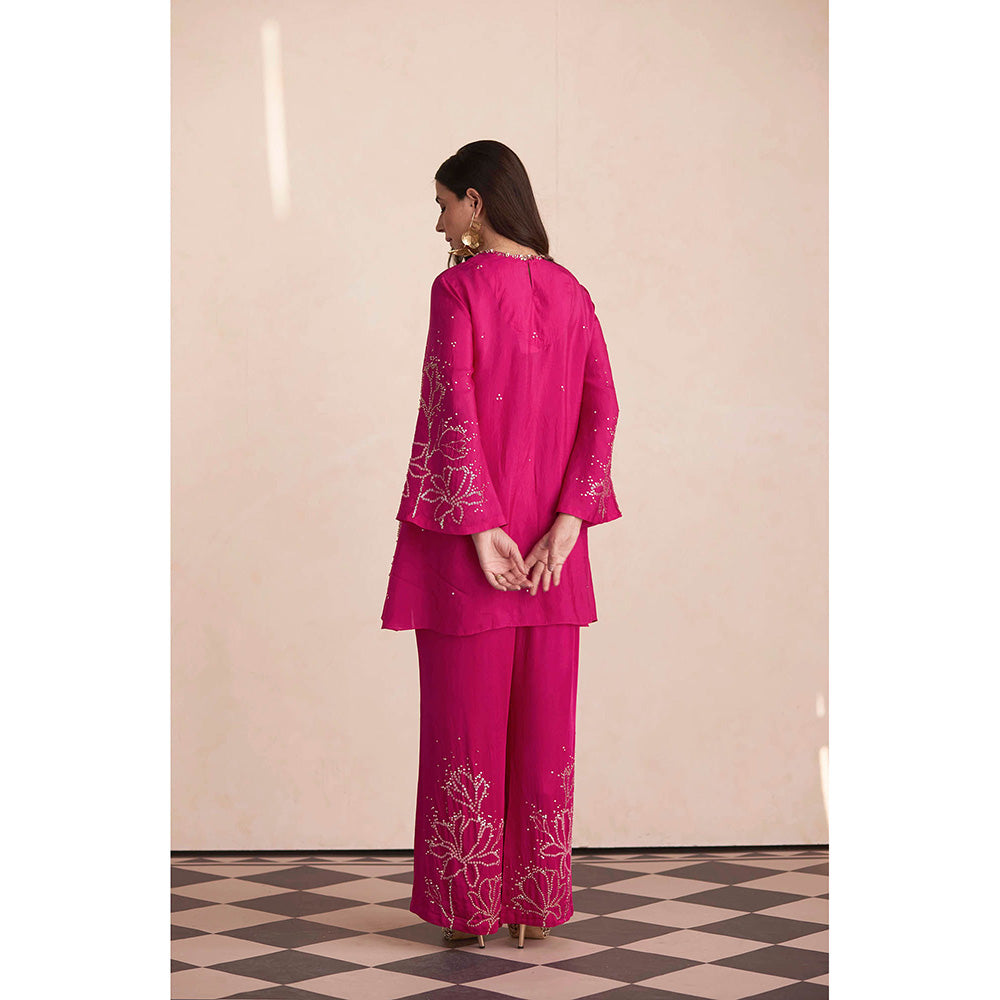 One Not Two Rose Pink Silk Kurti with Pant and Slip (Set of 3)