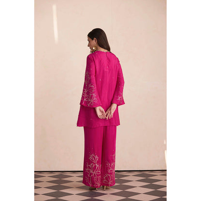 One Not Two Rose Pink Silk Kurti with Pant and Slip (Set of 3)