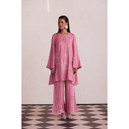 One Not Two Rose Pink Silk Kurti with Pant and Slip (Set of 3)