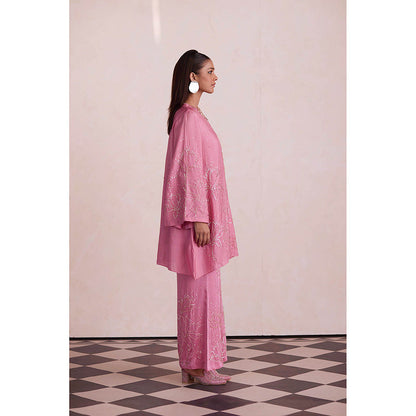 One Not Two Rose Pink Silk Kurti with Pant and Slip (Set of 3)