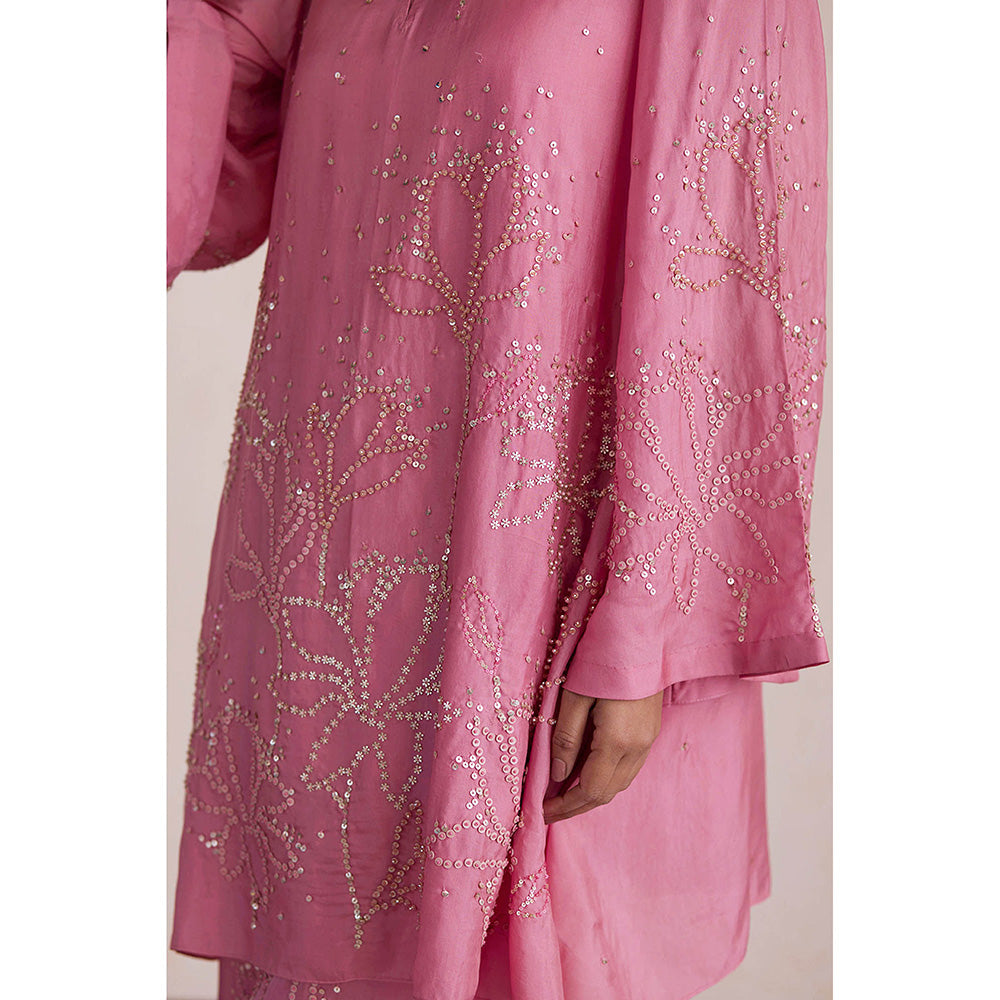 One Not Two Rose Pink Silk Kurti with Pant and Slip (Set of 3)