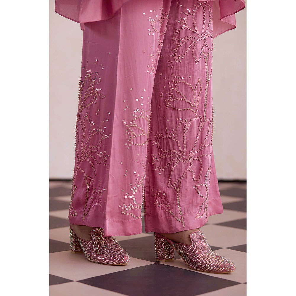 One Not Two Rose Pink Silk Kurti with Pant and Slip (Set of 3)