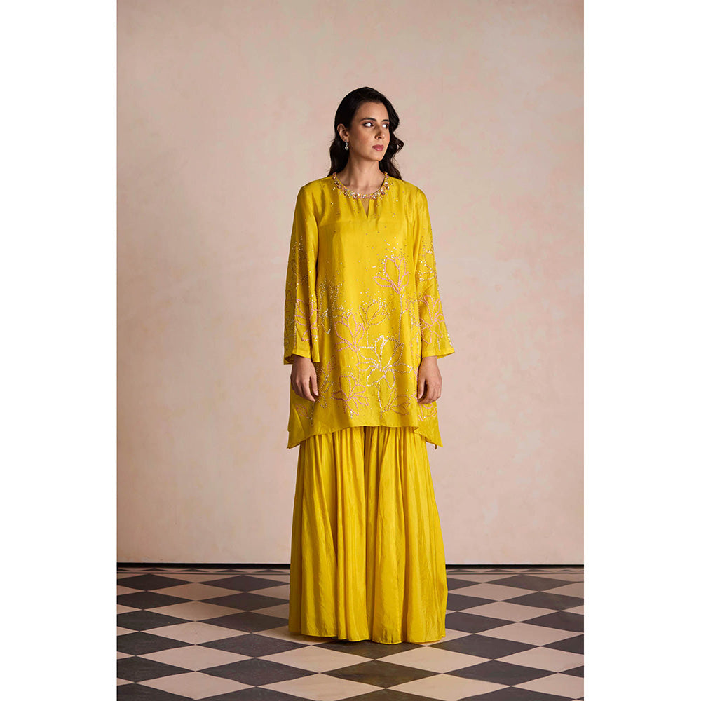 One Not Two Yellow Silk Sharara with Kurti and Slip (Set of 3)