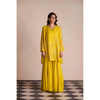 One Not Two Yellow Silk Sharara with Kurti and Slip (Set of 3)