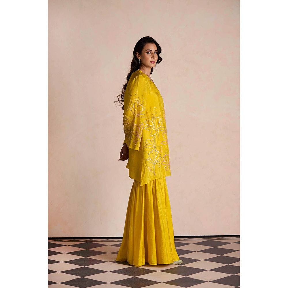 One Not Two Yellow Silk Sharara with Kurti and Slip (Set of 3)