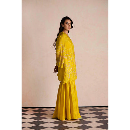 One Not Two Yellow Silk Sharara with Kurti and Slip (Set of 3)