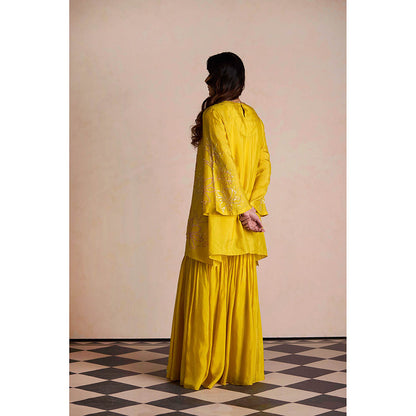 One Not Two Yellow Silk Sharara with Kurti and Slip (Set of 3)