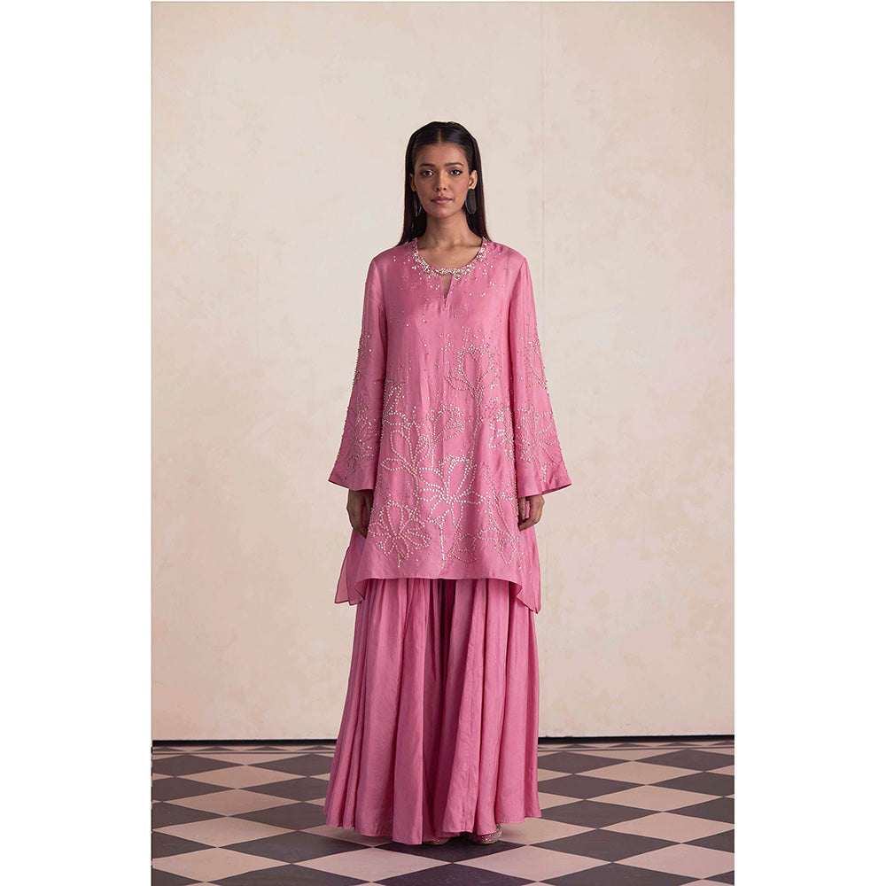 One Not Two Pink Silk Sharara with Kurti and Slip (Set of 3)