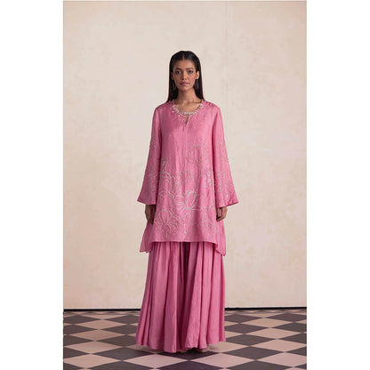 One Not Two Pink Silk Sharara with Kurti and Slip (Set of 3)