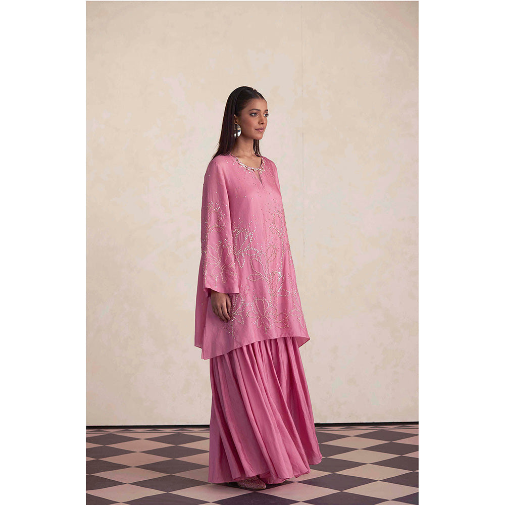 One Not Two Pink Silk Sharara with Kurti and Slip (Set of 3)
