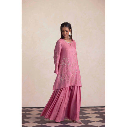 One Not Two Pink Silk Sharara with Kurti and Slip (Set of 3)
