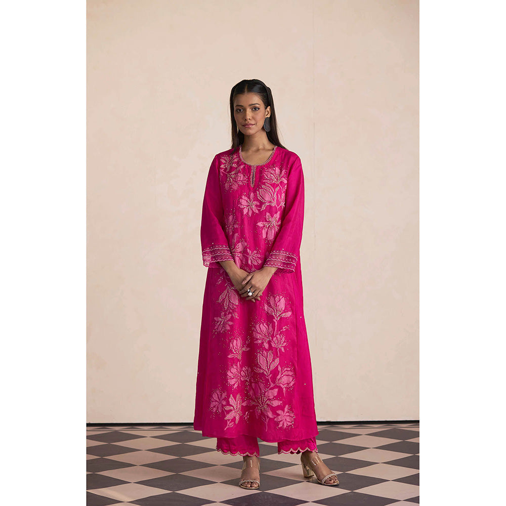 One Not Two Pink Silk Embroidered Anarkali with Pant and Slip (Set of 3)
