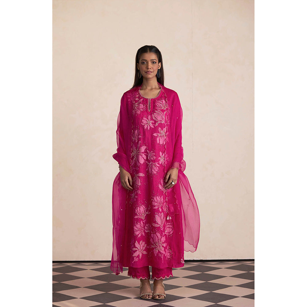 One Not Two Pink Silk Embroidered Anarkali with Pant and Slip (Set of 3)