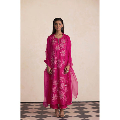 One Not Two Pink Silk Embroidered Anarkali with Pant and Slip (Set of 3)