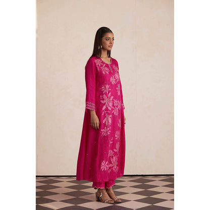 One Not Two Pink Silk Embroidered Anarkali with Pant and Slip (Set of 3)
