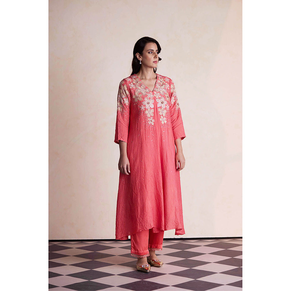 One Not Two Coral Anarkali with Pant and Slip (Set of 3)