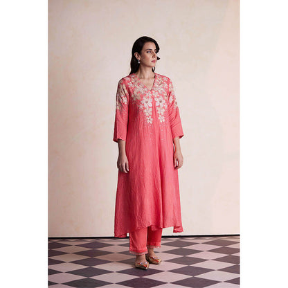 One Not Two Coral Anarkali with Pant and Slip (Set of 3)