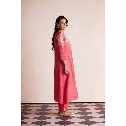 One Not Two Coral Anarkali with Pant and Slip (Set of 3)