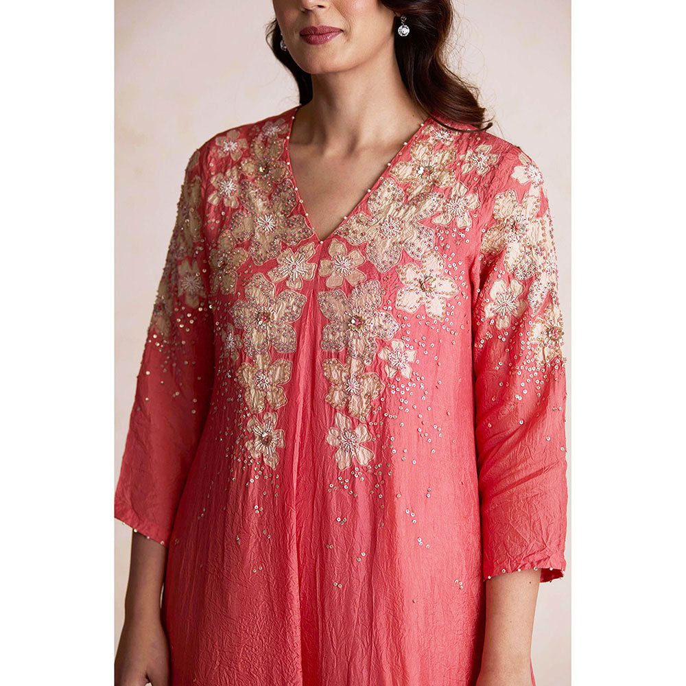 One Not Two Coral Anarkali with Pant and Slip (Set of 3)