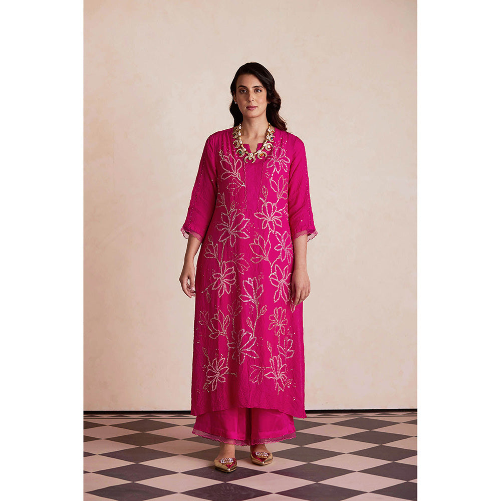 One Not Two Pink Silk Kurta with Palazzo and Slip (Set of 3)