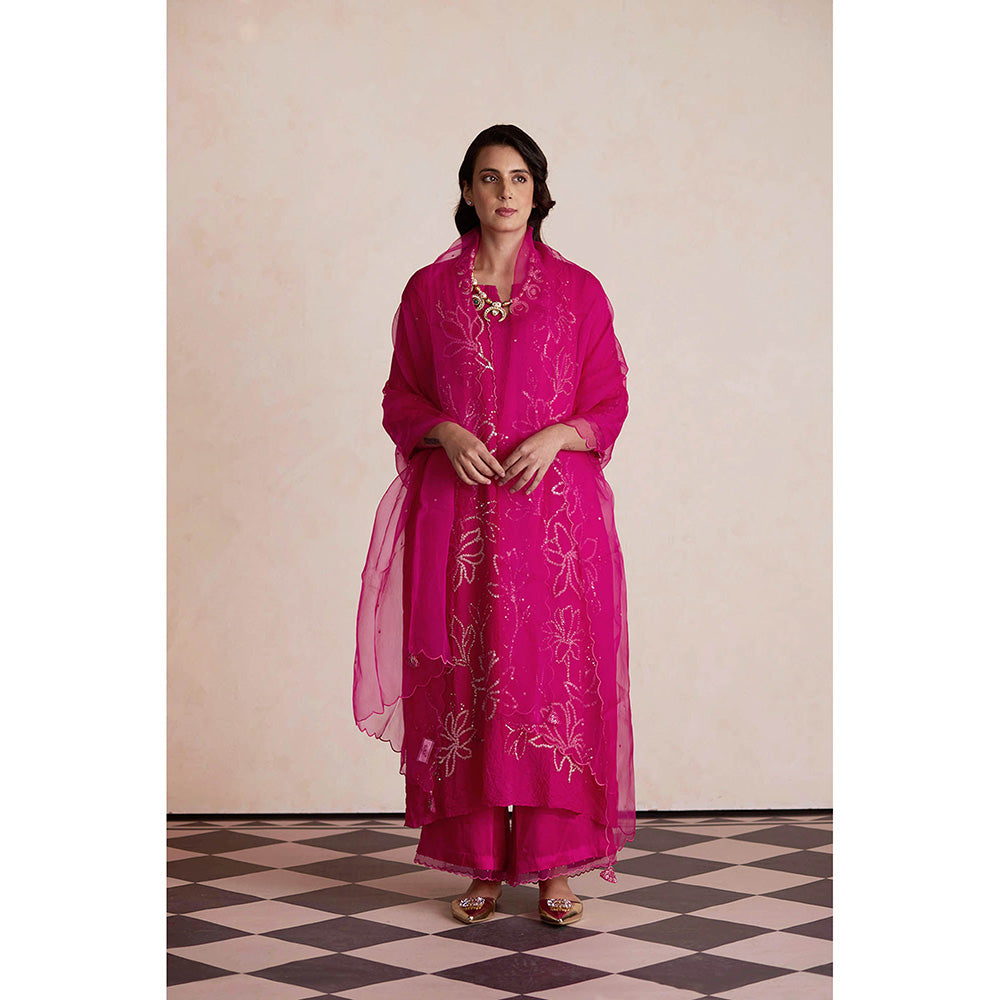 One Not Two Pink Silk Kurta with Palazzo and Slip (Set of 3)
