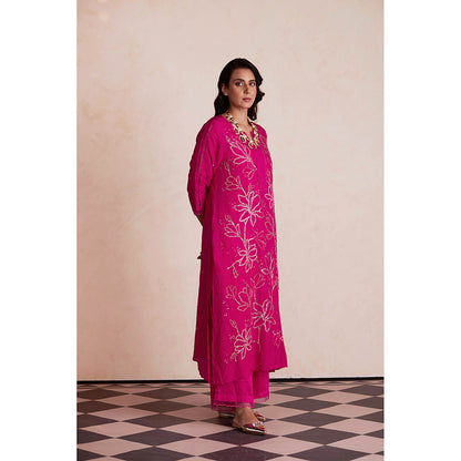 One Not Two Pink Silk Kurta with Palazzo and Slip (Set of 3)