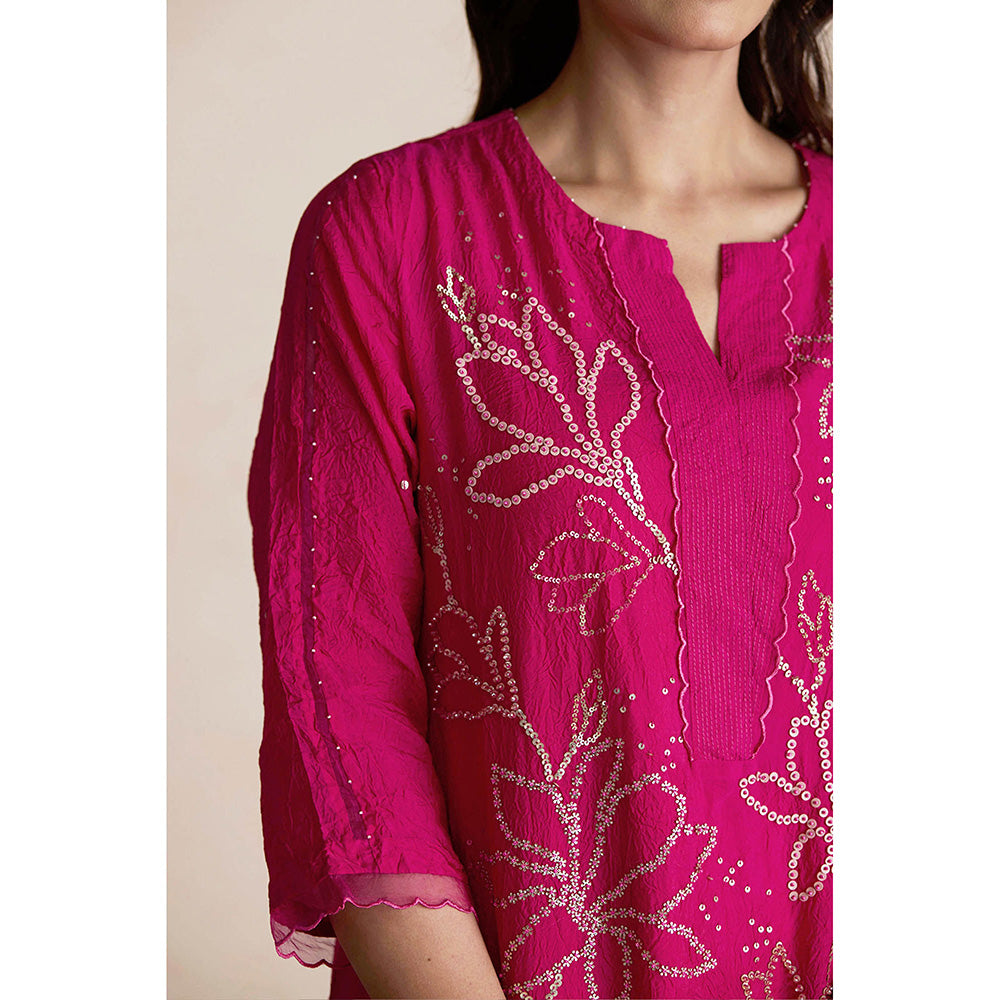One Not Two Pink Silk Kurta with Palazzo and Slip (Set of 3)