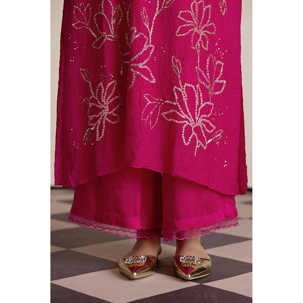 One Not Two Pink Silk Kurta with Palazzo and Slip (Set of 3)